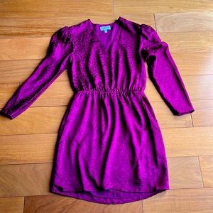 Magenta dress. Mid thigh length sheer arms and animal print embedded. Size 2